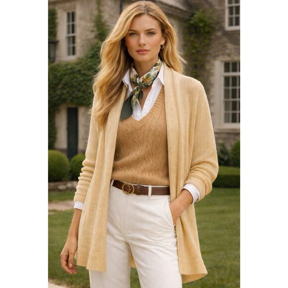 Lauren Ralph Lauren Women's 100% Linen Open Cardigan 1X Beige EUC LUXURY beachy